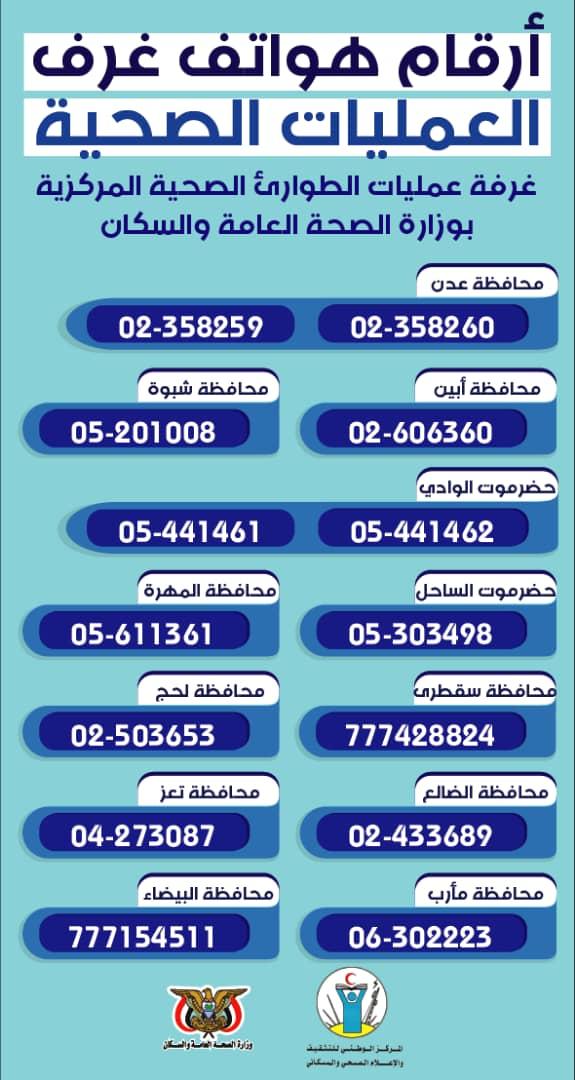 عاجل : وزارة الصحة تطلق أرقام هواتف غرف عمليات الطوارئ الصحية في كل من محافظات المحررة 