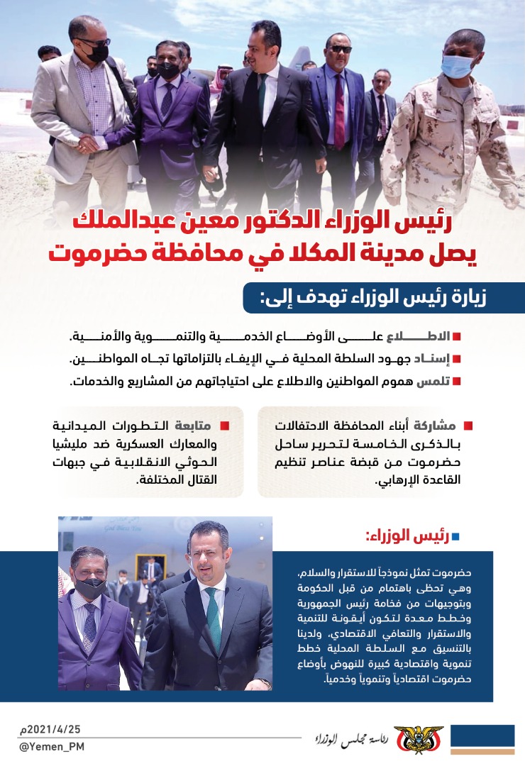 فييدوجرافيك : وصول رئيس الوزراء د."معين عبدالملك" إلى مدينة المكلا للاطلاع على الأوضاع العامة (شاهد) 